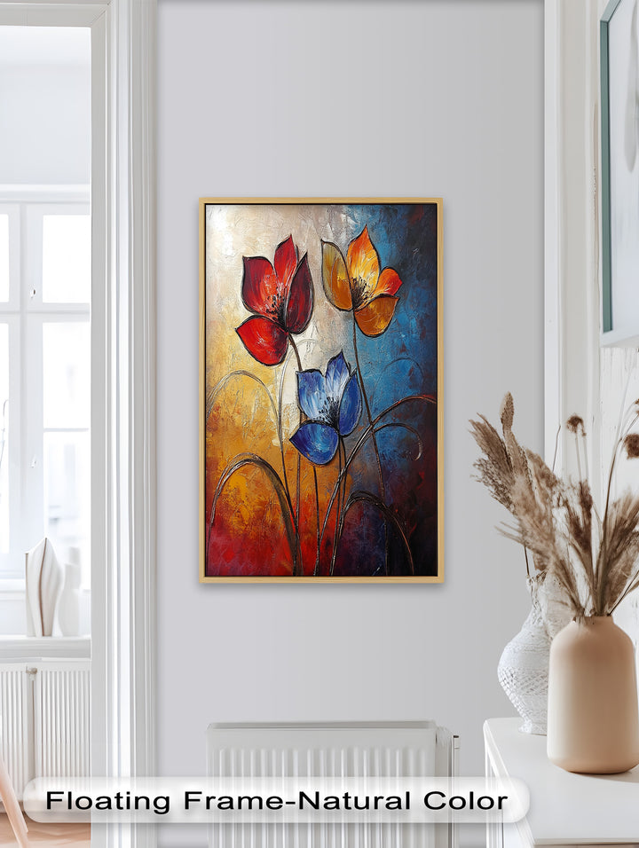Eternal Bloom – Red, Yellow, and Blue Floral Oil Painting