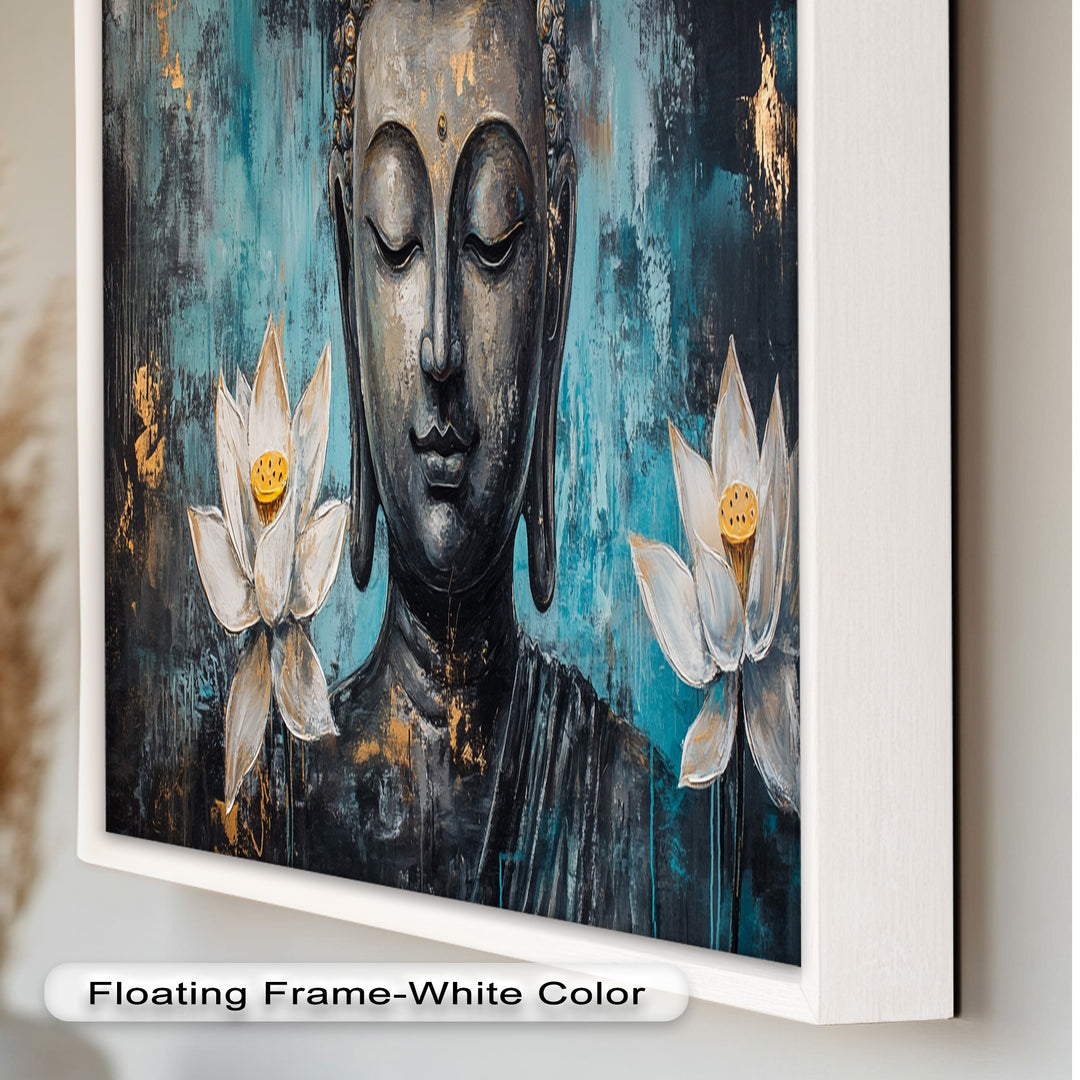 Teal Buddha with Lotus Flowers – Religious Oil Painting