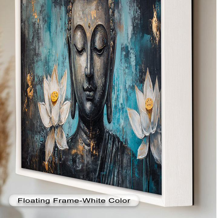 Teal Buddha with Lotus Flowers – Religious Oil Painting
