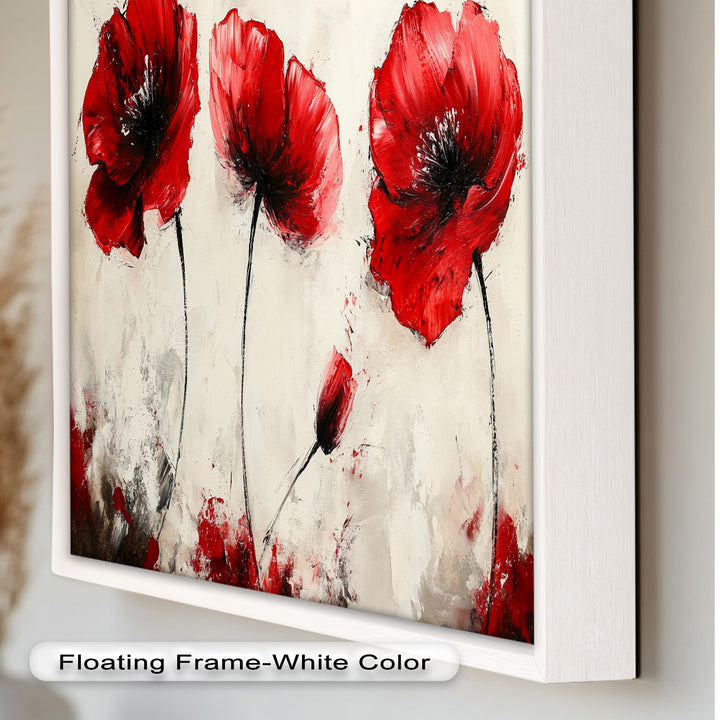 Crimson Elegance – Bold Red Poppies on Cream Flower Oil Painting