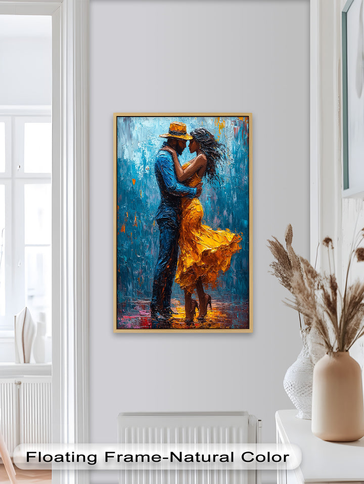 Midnight Embrace – Vibrant Couple in Yellow Dress Oil Painting
