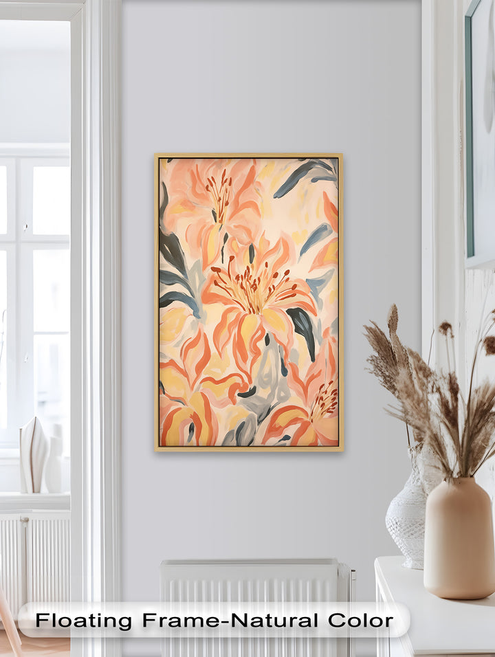 Sunlit Lilies – Abstract Coral Flower Oil Painting