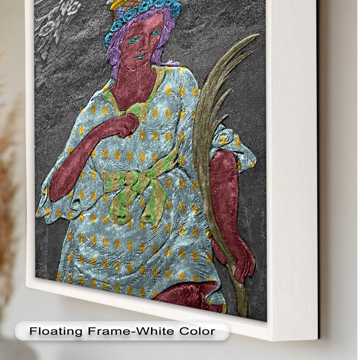 Geheiligte Blüte – Polychromes Engelrelief-Ölgemälde