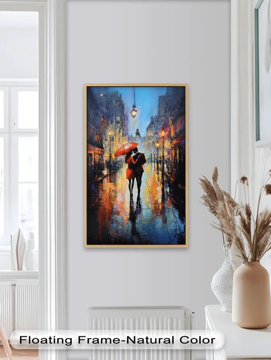 High color saturation enhances the dramatic scene of the 'Midnight in Paris' oil painting artwork, depicting a couple in a rain-slicked, vibrant street scene.