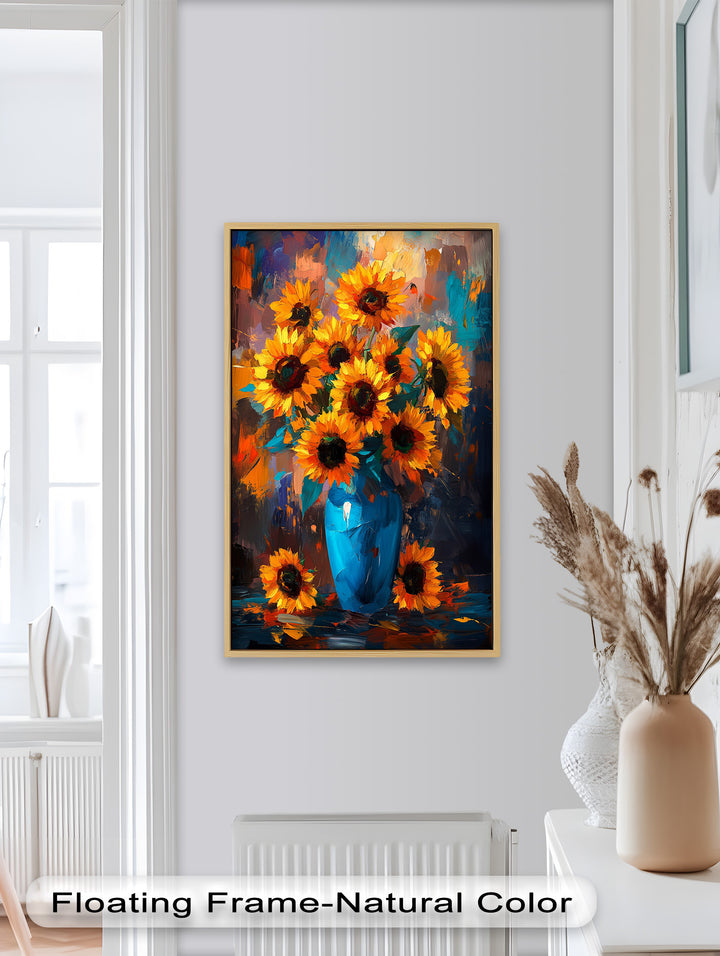Sunlit Joy – Bold Sunflowers in Blue Vase Oil Painting