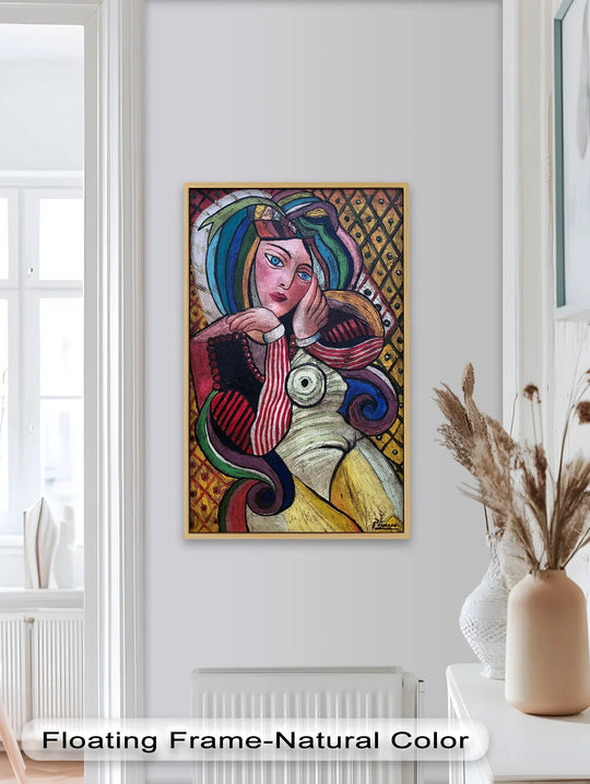 Subtle color transitions define the essence of this 'Melancholy in Stripes' Picasso-style oil painting decoration, showcasing a Cubist woman's portrait with vibrant hues.