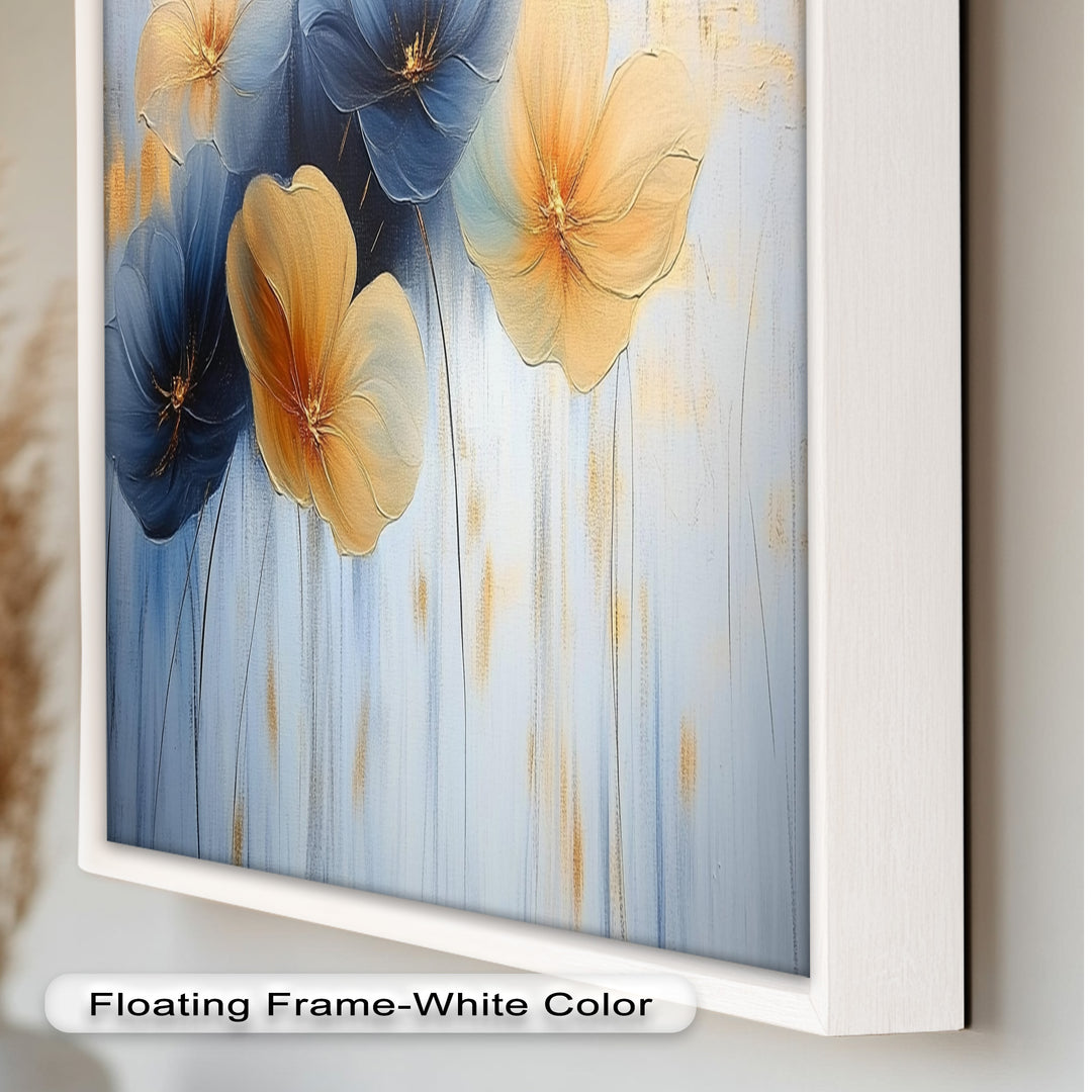 Blaue und gelbe Blumenkunst – Gerahmtes Ölgemälde