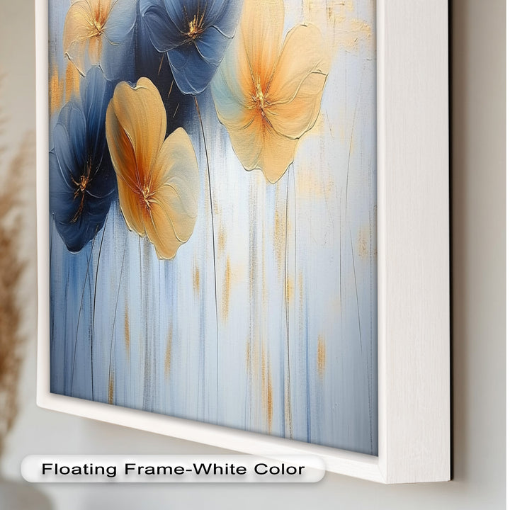 Blaue und gelbe Blumenkunst – Gerahmtes Ölgemälde