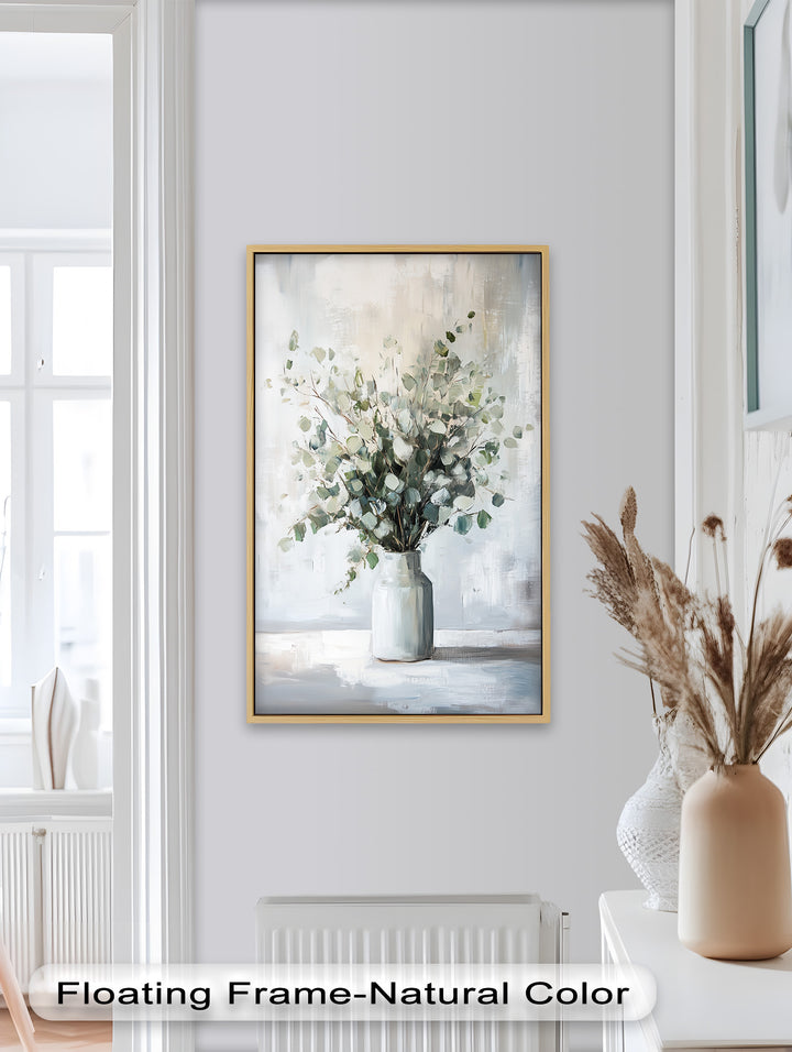 Eucalyptus Essence – Minimalist Greenery in Ceramic Vase Oil Painting