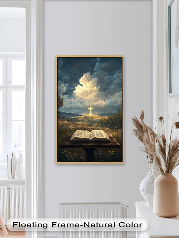 Göttliche Offenbarung – Bibel und leuchtendes Kreuz, christliches Ölgemälde
