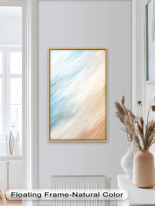 Delicate color saturation enhances the seaside drift abstract oil painting, showcasing an artful oil painting decoration with soft blues and sandy hues.