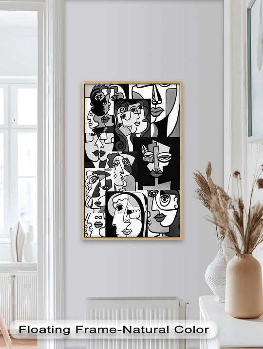 Cascading with kinetic energy, the monochrome Cubist faces in this Picasso-inspired collage create a captivating oil painting decoration showcasing dynamic abstract art.