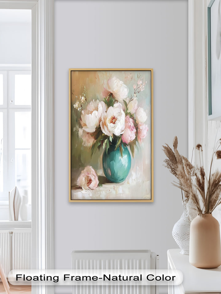 Blushing Peonies in Jade Vase – Romantic Flower Oil Painting