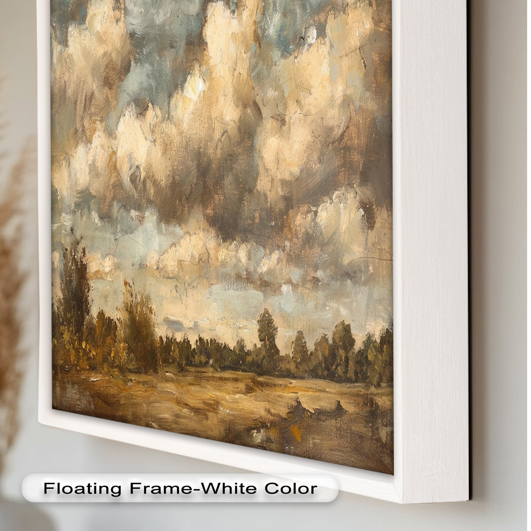 Weite Landschaft mit grauen Wolken – Ruhige Natur Ölgemälde