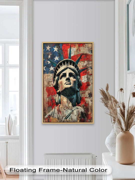 Against a backdrop of the American flag, this patriotic oil painting art piece presents a textured rendition of the Statue of Liberty.