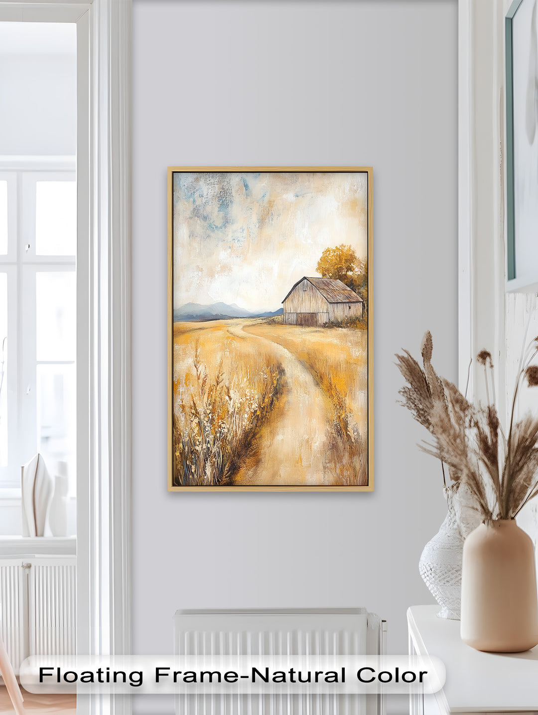 The subtle details of wildflowers, harvest hues, and distant mountains create a serene and inviting landscape.