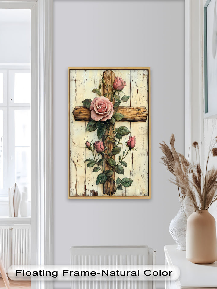 Rosen der Gnade – Religiöses Ölgemälde mit Kreuz und Blume