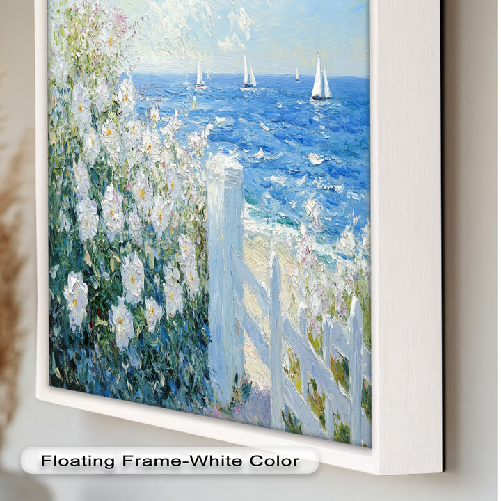 White Rose Garden with Sailboats – Impressionist Oil Painting