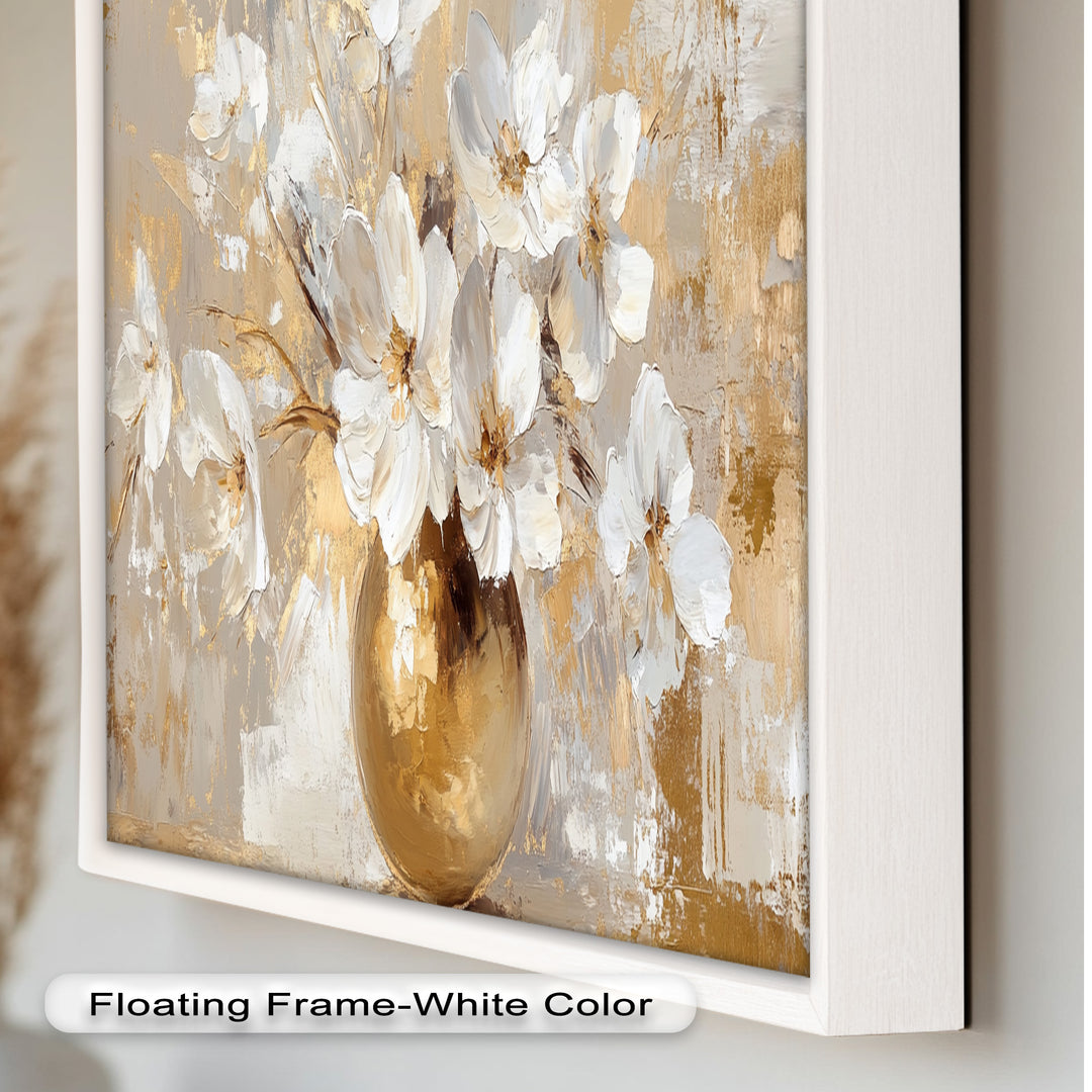Golden Vase with White Florals – Flower Oil Painting
