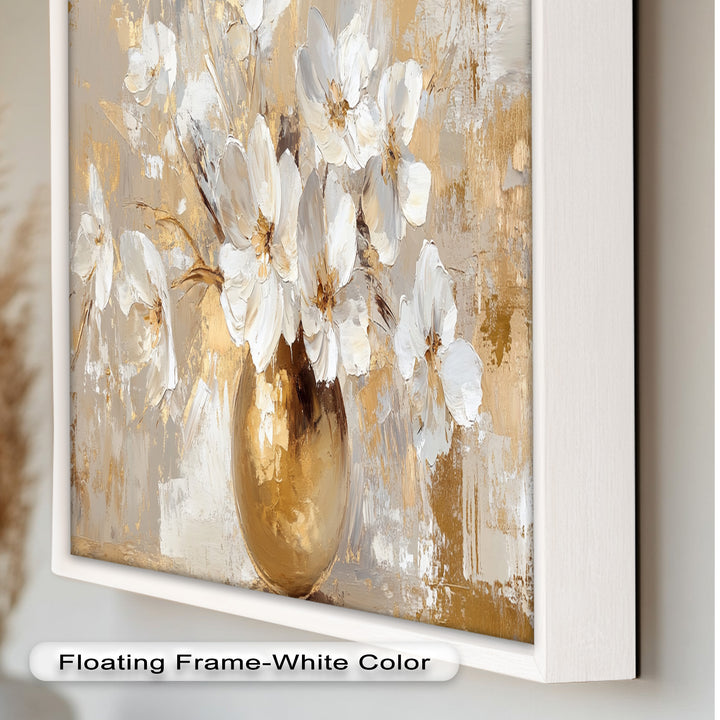 Golden Vase with White Florals – Flower Oil Painting