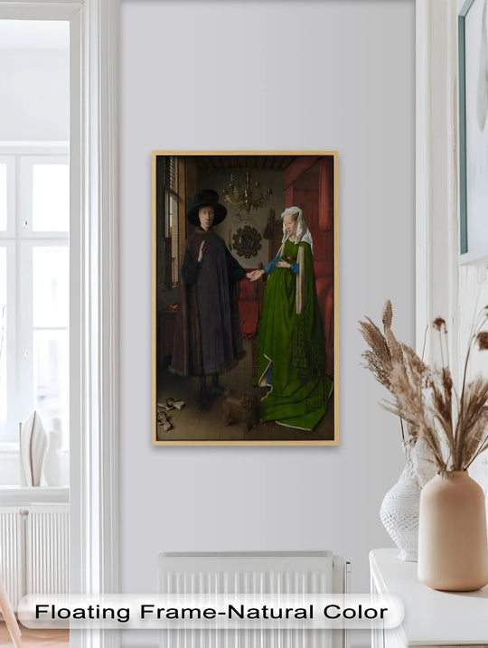 Foreground shows a historical oil painting art piece depicting a wealthy couple's marriage, an elegantly framed classical portrait showcasing symbolic realism.