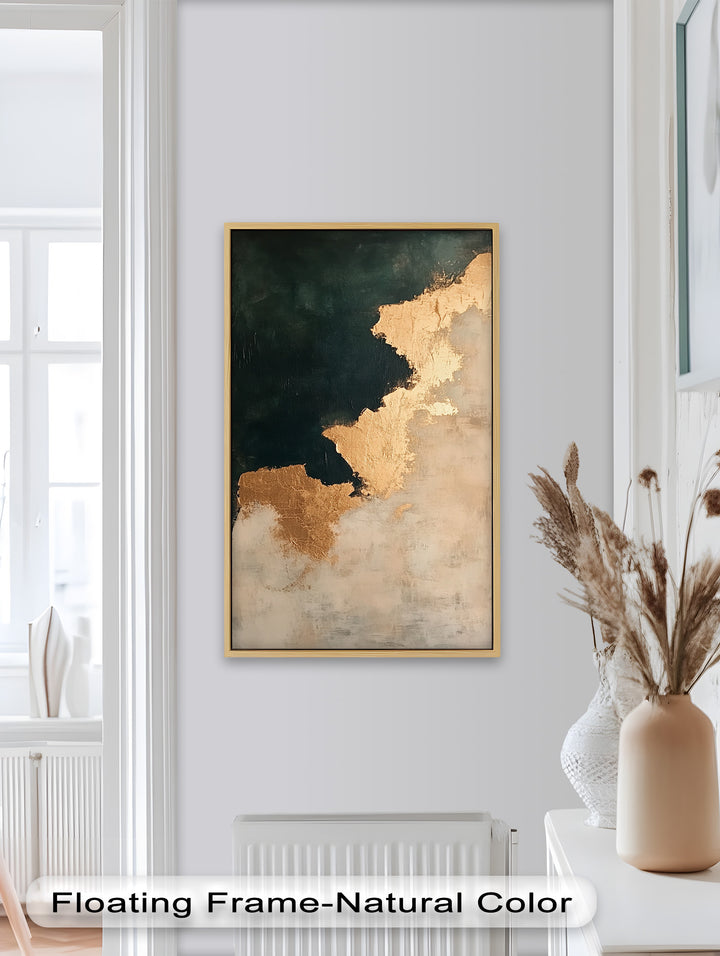 Golden Drift – Minimalistisches abstraktes Ölgemälde in Gold und Dunkelgrün