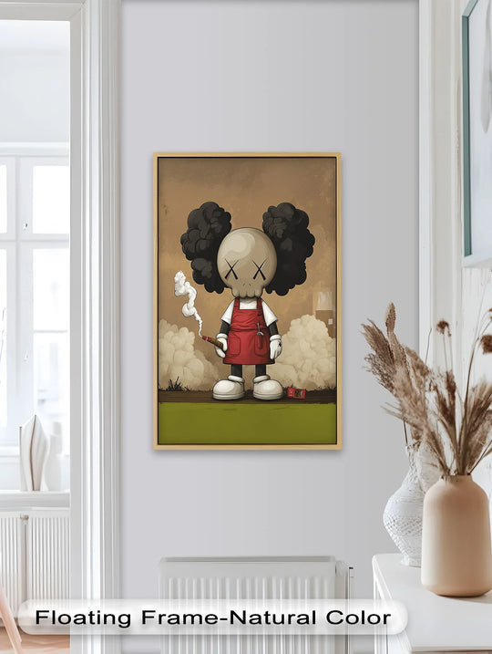A detailed oil painting reproduction print captures a KAWS-inspired character in a red apron smoking a cigar amidst urban smoke.