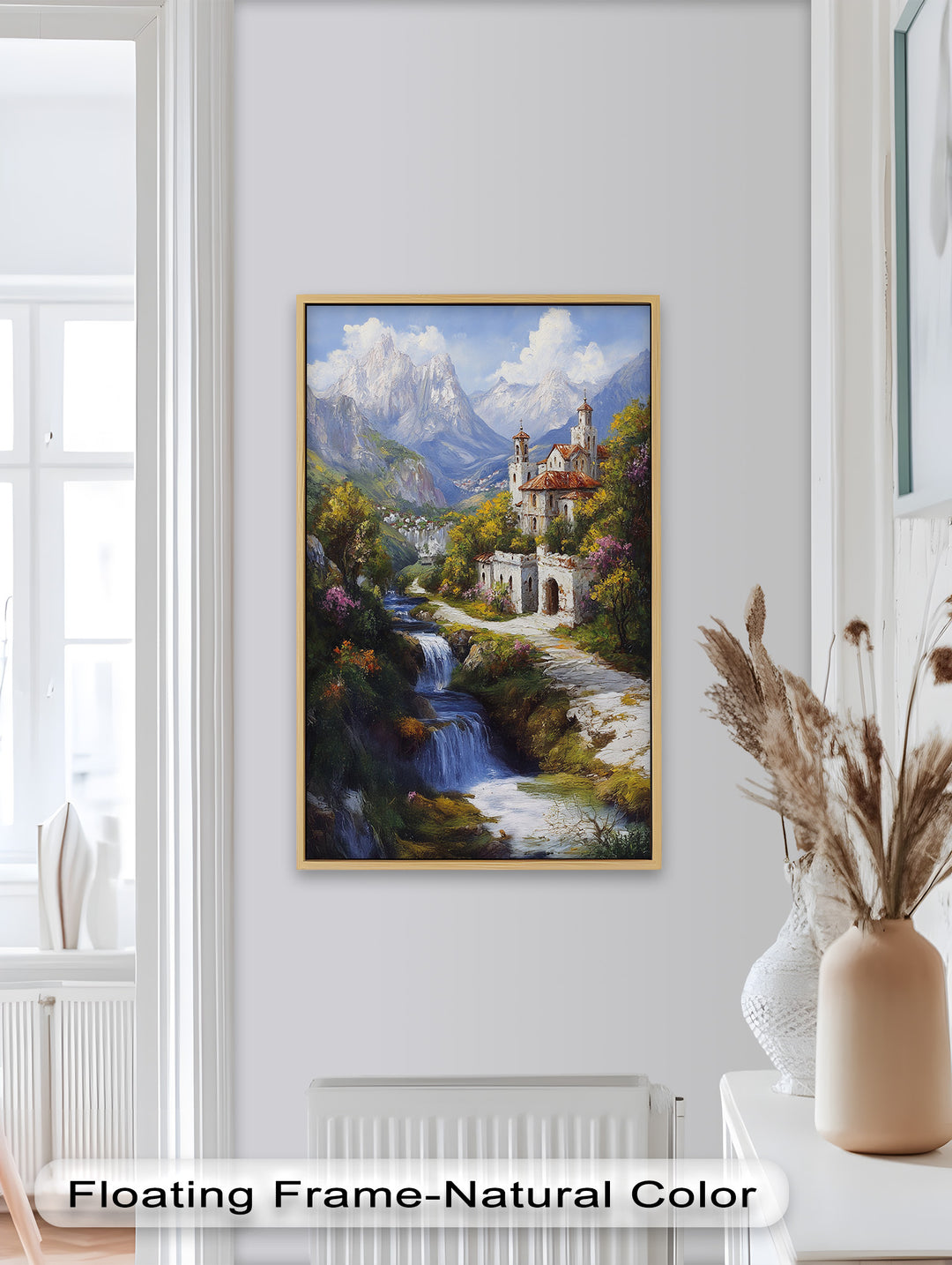 Mountain Abbey by the Falls – Serene Renaissance Oil Painting