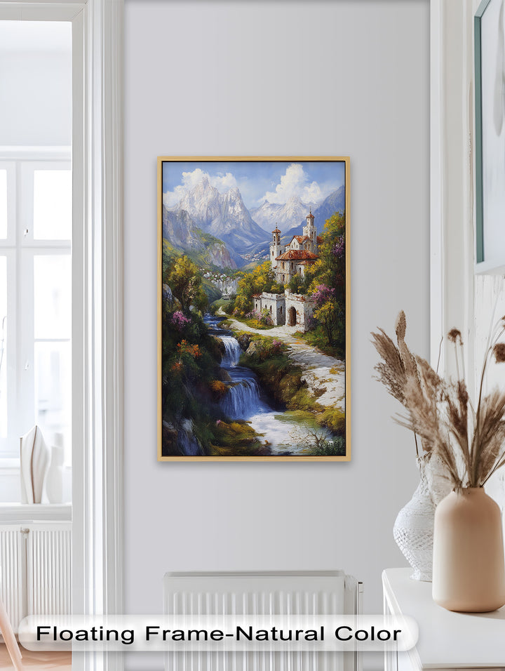 Mountain Abbey by the Falls – Serene Renaissance Oil Painting