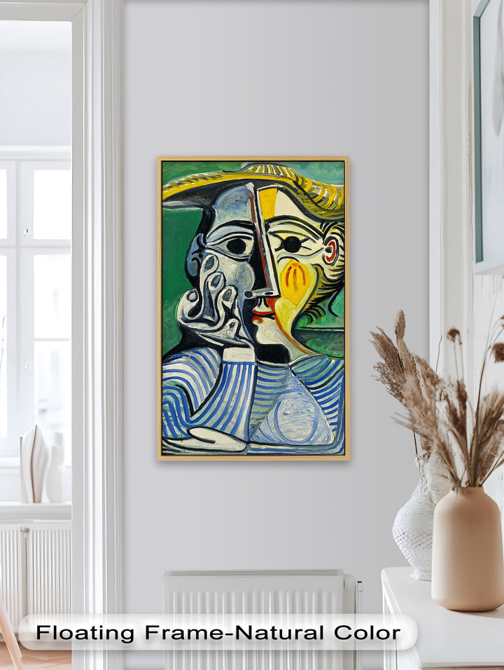 Nachdenklicher Blick – Gestreifte Frau mit Sonnenhut Picasso Ölgemälde
