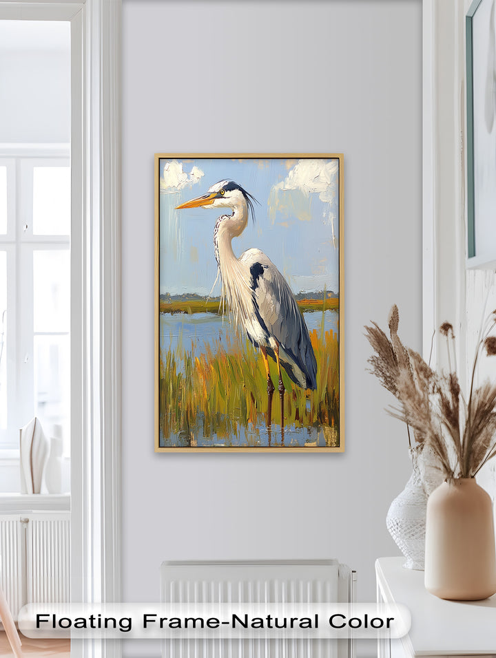 Heron in Sunlit Wetlands – Modern Oil Painting