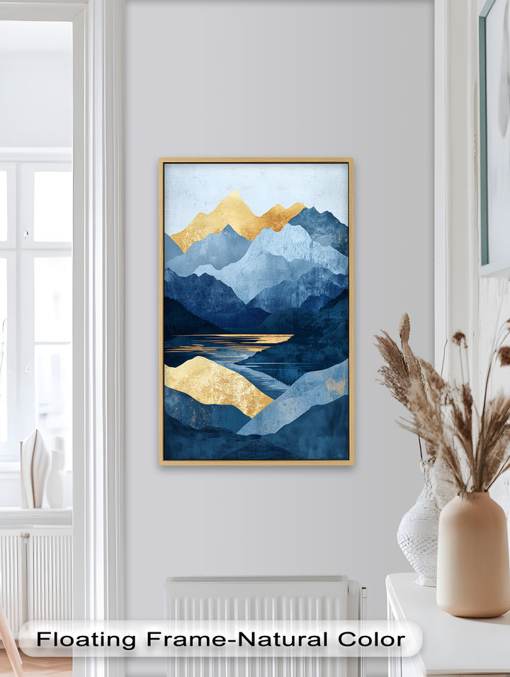 Golden Horizon – Abstract Blue Mountain Landscape Oil Painting