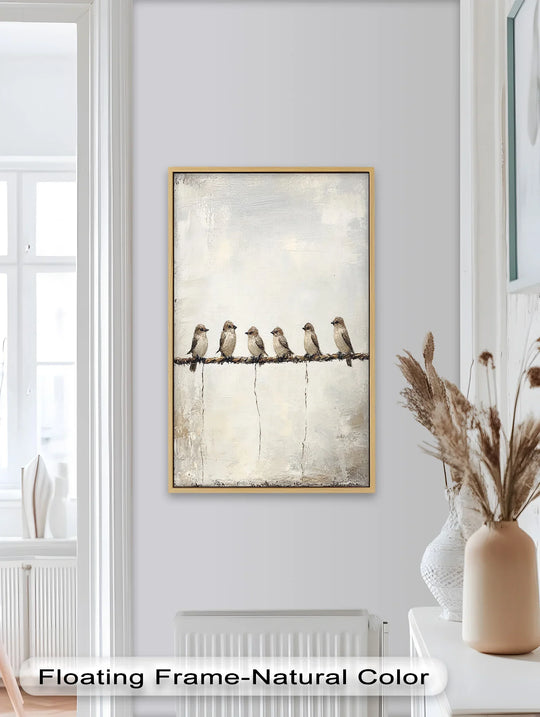 Geometric composition highlights the rectangular frame and linear arrangement of birds in this modern oil painting art, creating a balanced and minimalist design.