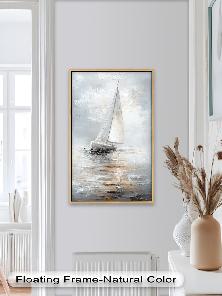 Sailing Through the Mist – White Boat Oil Painting