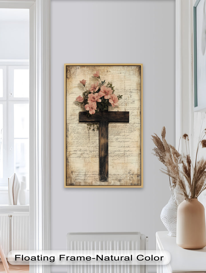 Holzkreuz mit rosa Blüten - Christliches Ölgemälde