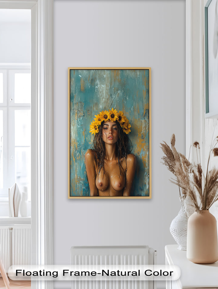 Sun-Kissed Solstice – Woman with Sunflower Crown Abstract Oil Painting
