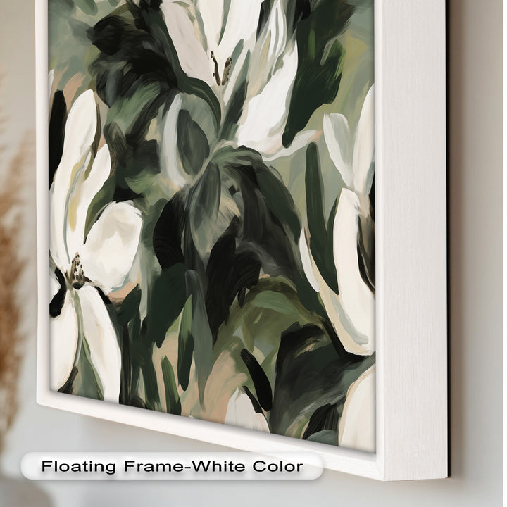 Cream Blooms in Forest Green - Flower Oil Painting