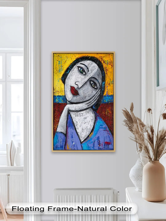Pensive mood conveyed in this 'Quiet Reflection' textured modern portrait Picasso oil painting decoration, depicting a woman in contemplative thought.