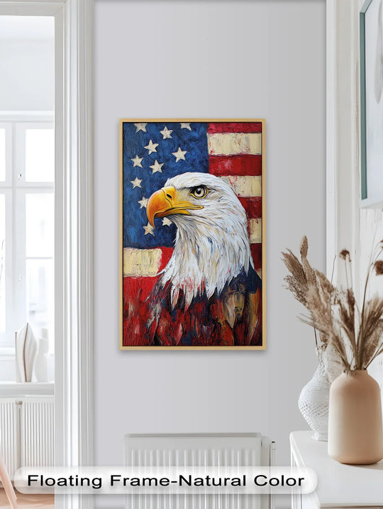 Organic forms define this striking oil painting art prints, showcasing an American bald eagle portrait against a textured American flag backdrop.