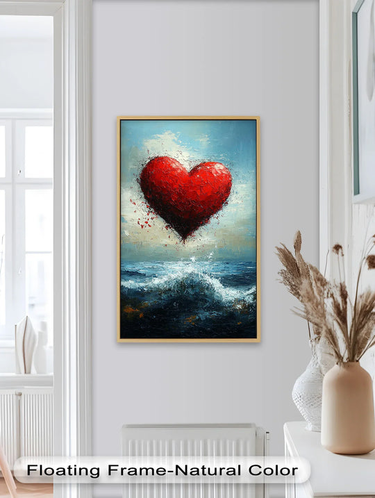 Rich surface texture highlights the impasto technique in this love oil painting art prints, showcasing an exploding red heart over a turbulent ocean.