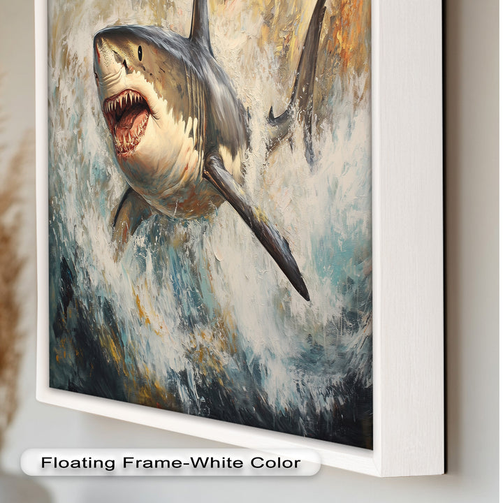Ferocious Great White Shark Leaping Through Waves - Animal Oil Painting