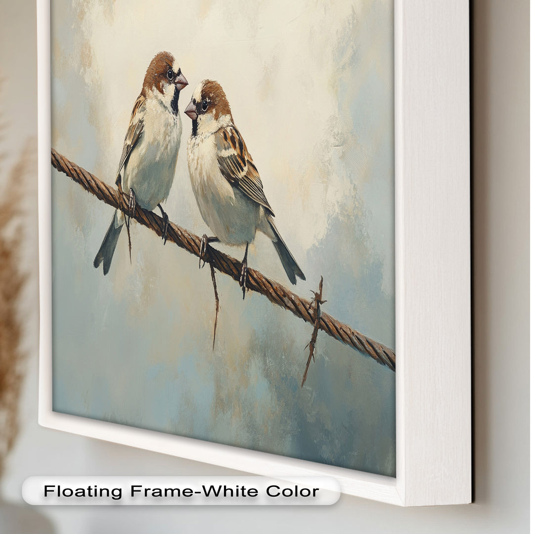 Two Sparrows on a Wire – Bird Oil Painting
