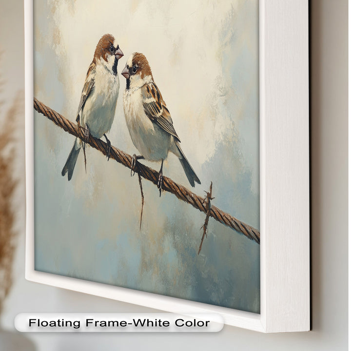 Two Sparrows on a Wire – Bird Oil Painting