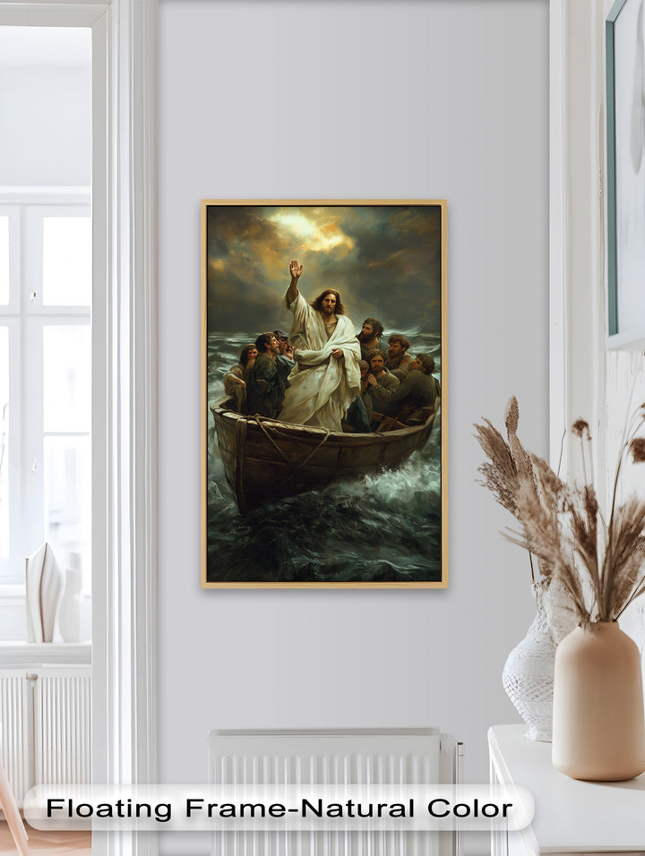 A vivid painting of Jesus' divine intervention as he calms the storm, with his disciples experiencing the miracle firsthand.