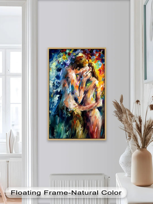 Observing the seamless transition between vibrant hues in this 'Ethereal Embrace' abstract lovers oil painting home decor, where passionate reds merge into serene blues.