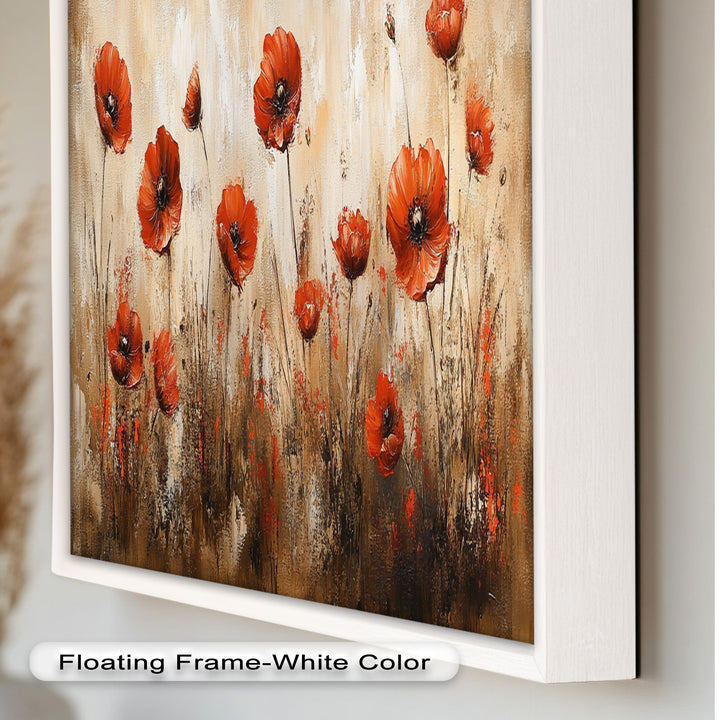 Fiery Meadow – Scarlet Poppies in Earth-Toned Field Flower Oil Painting
