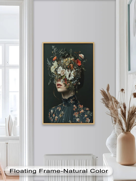 Foreground details of the Floral Reverie oil painting wall art highlight the delicate floral arrangement adorning the woman's face in this surreal botanical portrait.