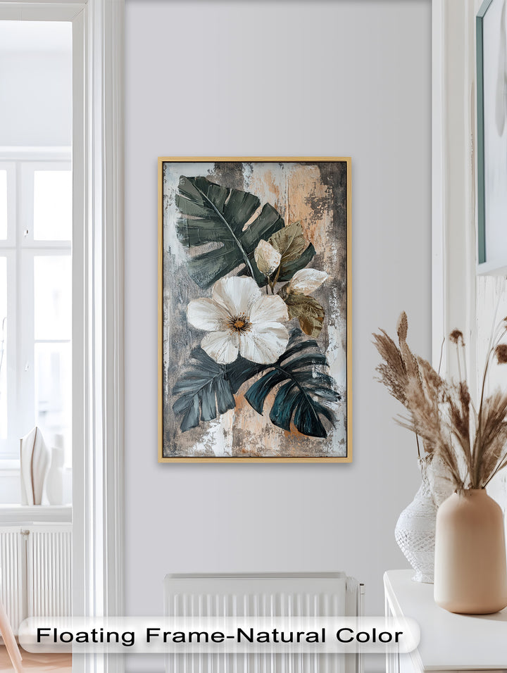 White Bloom and Tropical Leaves - Flower Oil Painting