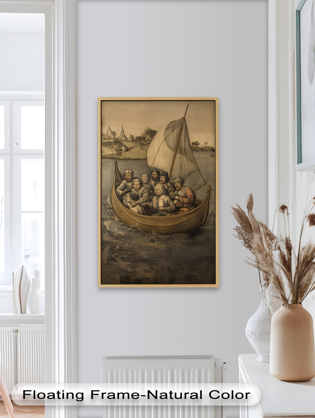 Medieval Sailors in Wooden Vessel - Historic Oil Painting