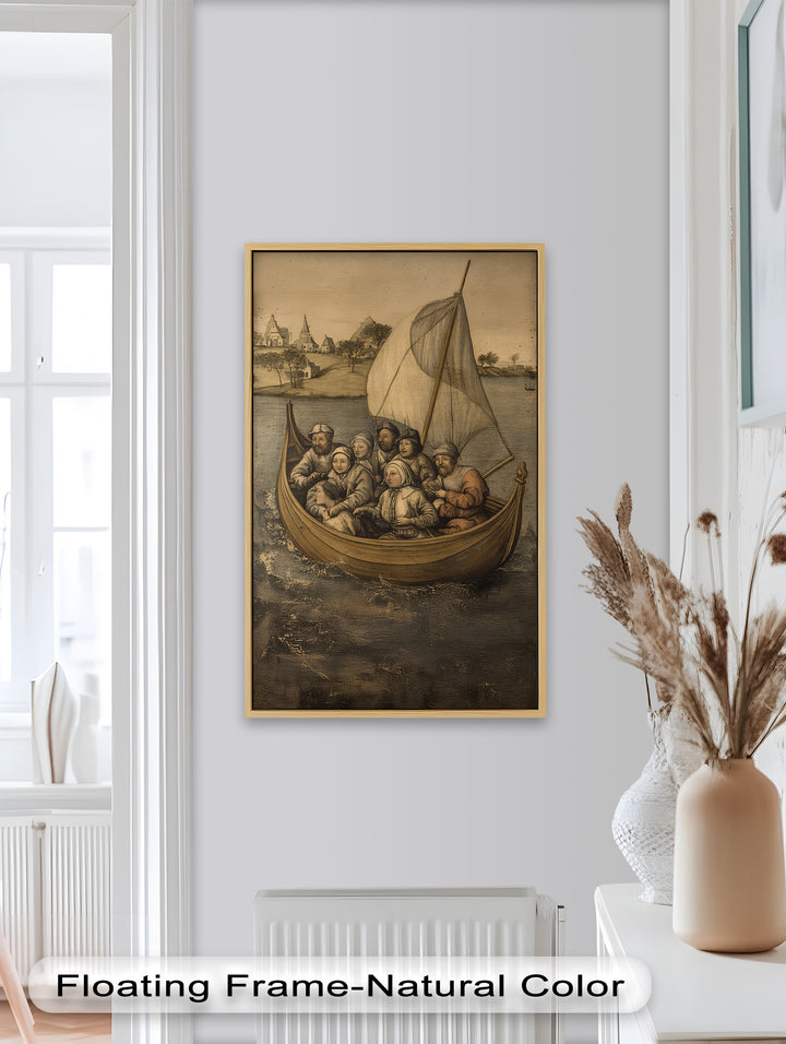 Medieval Sailors in Wooden Vessel - Historic Oil Painting